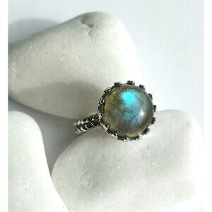 Cabochon Labradorite Ring in Sterling Silver Tudor Revival Design
